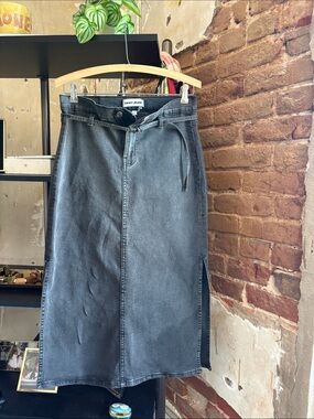 DKNY Washed Black Denim Midi Skirt with Tie Waist